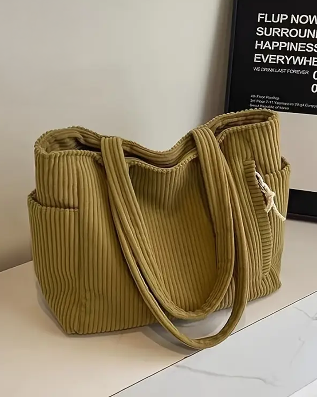 Ribbed Tote Bag with Cord Accent
