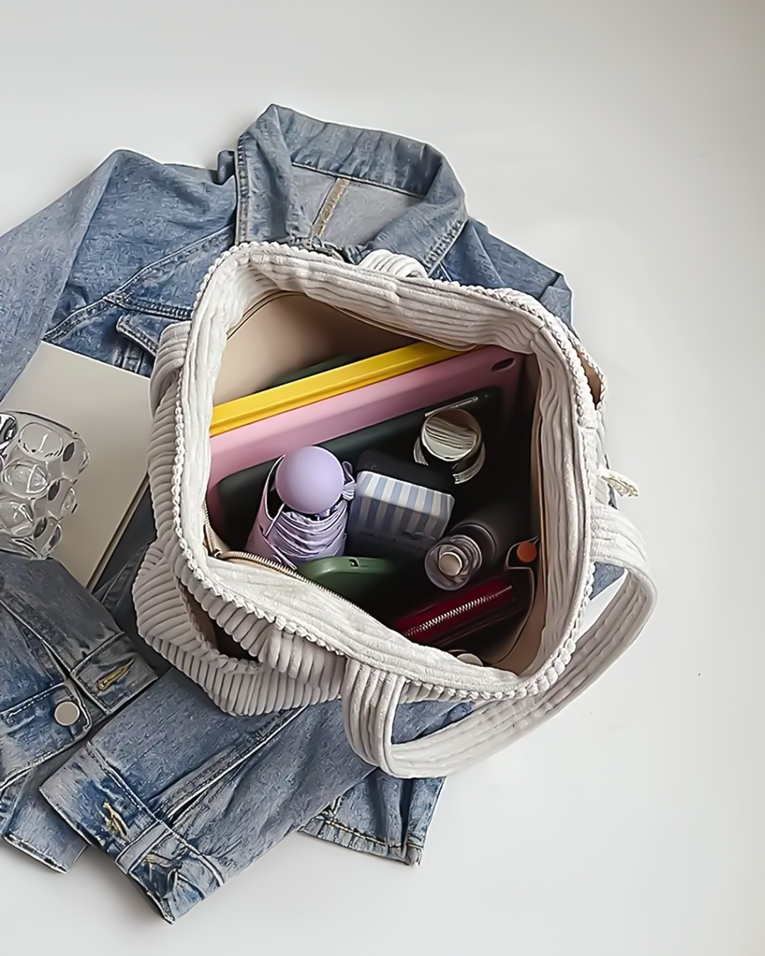Ribbed Tote Bag with Cord Accent